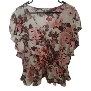Maurices Floral Ruffle Wrap Peplum Blouse Pink Beige Brown Babydoll Top XXL Fair